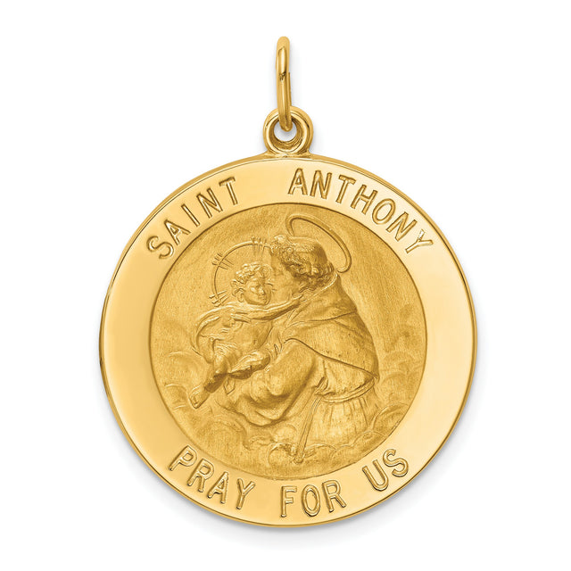 Saint Anthony Pray For Us Words Round Charm Pendant in Real 14k Yellow Gold