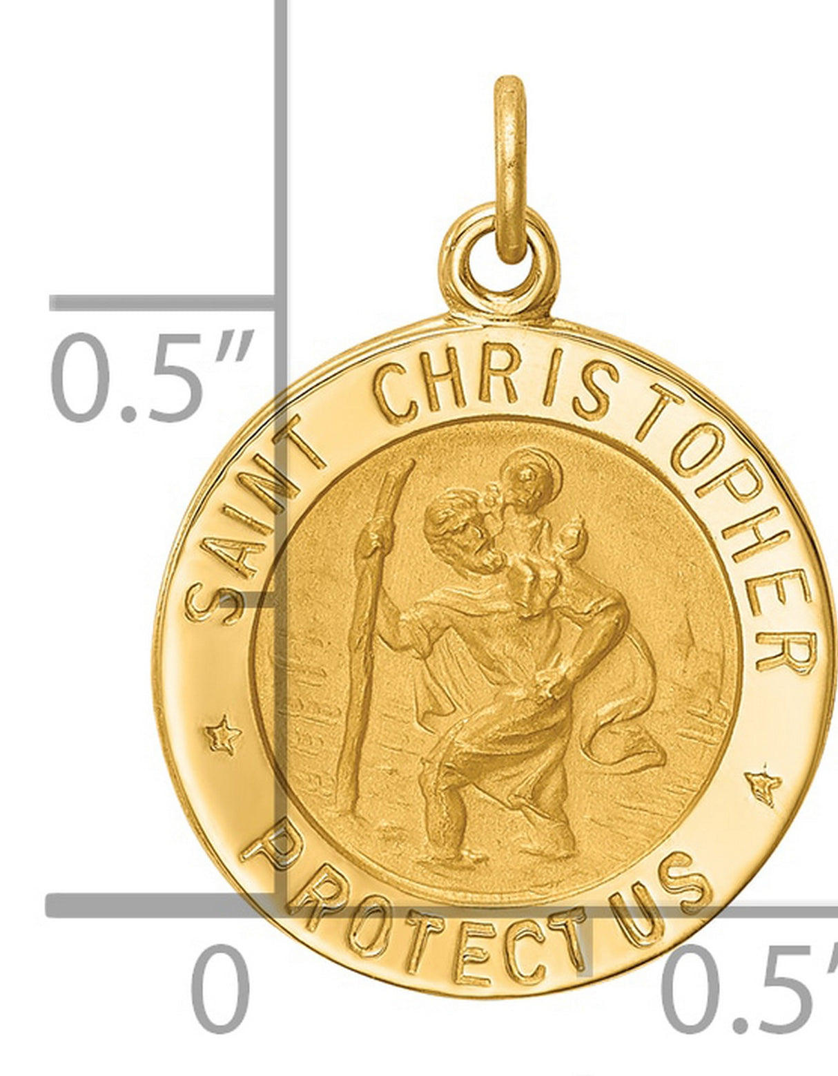 Saint Christopher Protect Us Words Round Solid Medal Charm Pendant in Real 14k Yellow Gold