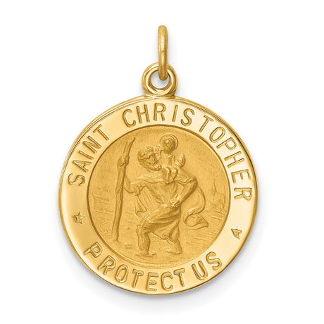 Saint Christopher Protect Us Words Round Solid Medal Charm Pendant in Real 14k Yellow Gold