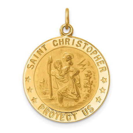 Saint Christopher Protect Us Words Round Solid Medal Charm Pendant in Real 14k Yellow Gold