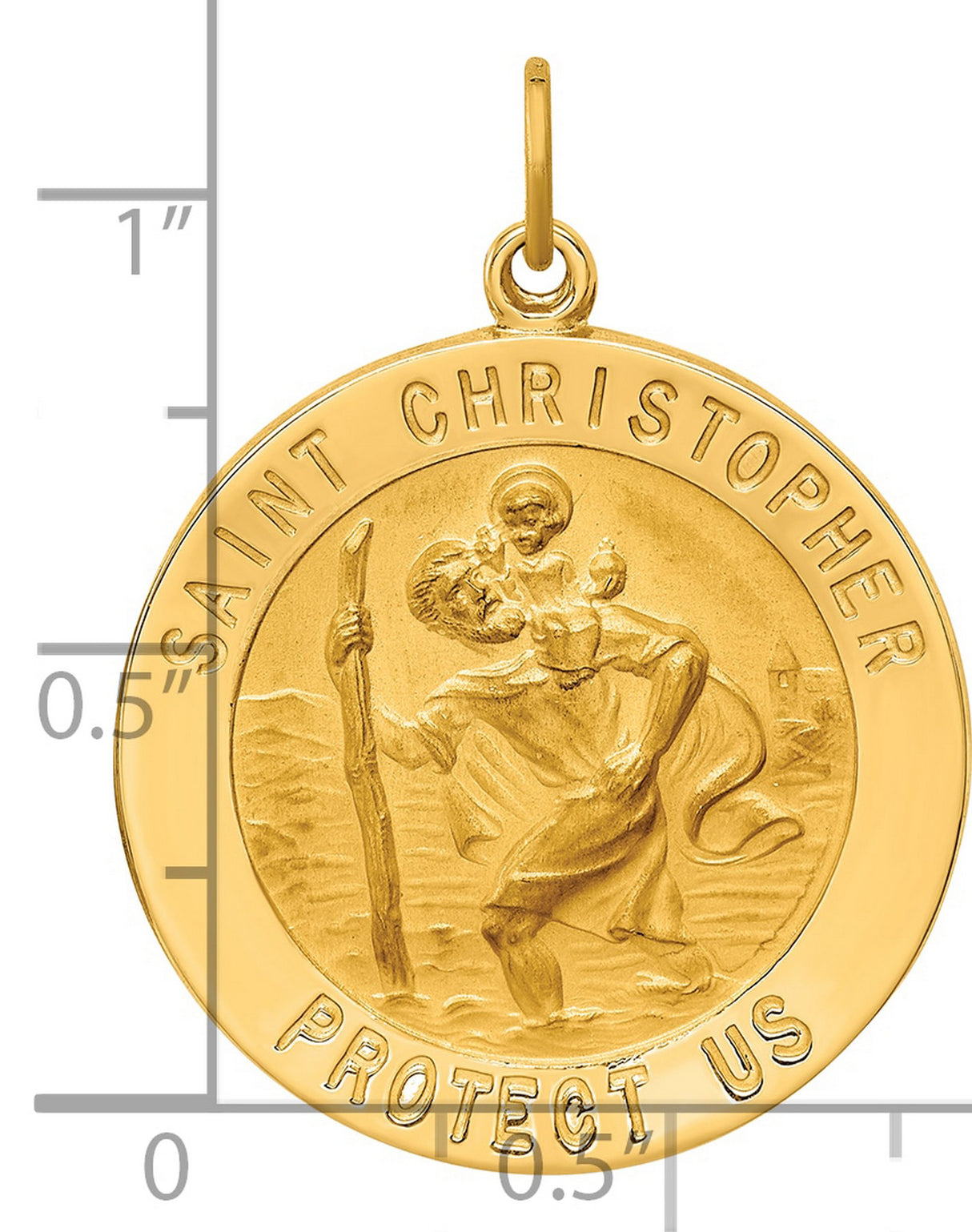 Saint Christopher Protect Us Words Round Solid Medal Charm Pendant in Real 14k Yellow Gold