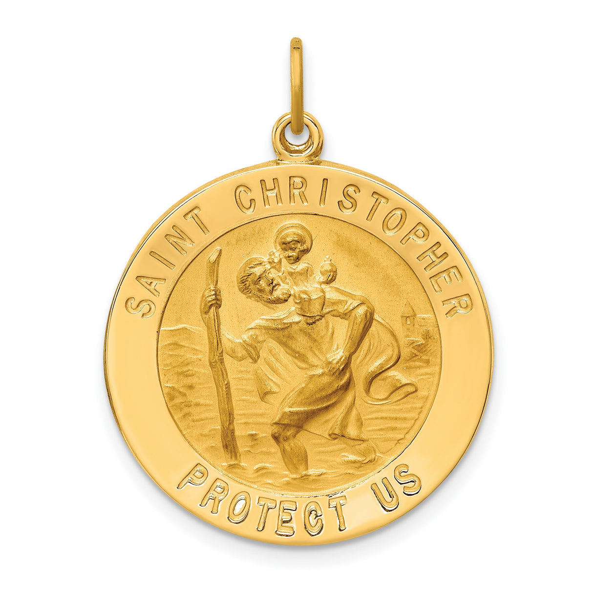 Saint Christopher Protect Us Words Round Solid Medal Charm Pendant in Real 14k Yellow Gold