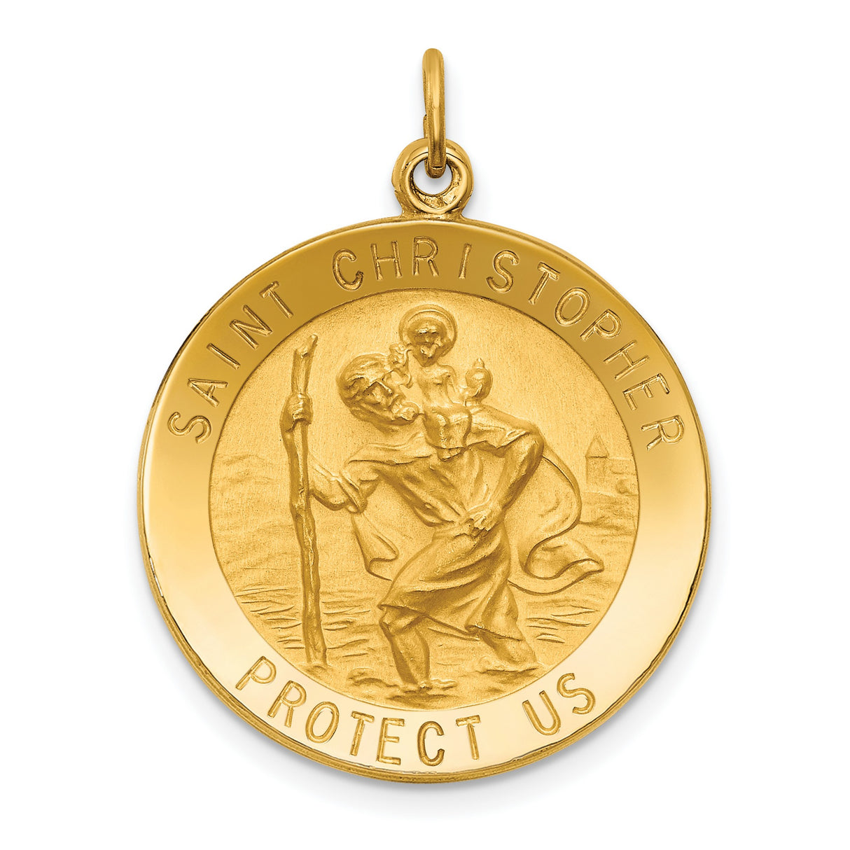 Saint Christopher Protect Us Words Round Solid Medal Charm Pendant in Real 14k Yellow Gold