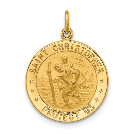 Saint Christopher Protect Us Words Round Solid Medal Charm Pendant in Real 14k Yellow Gold