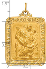 Saint Christopher Protect Us Words Rectangular Medal Charm Pendant in Real 14k Yellow Gold