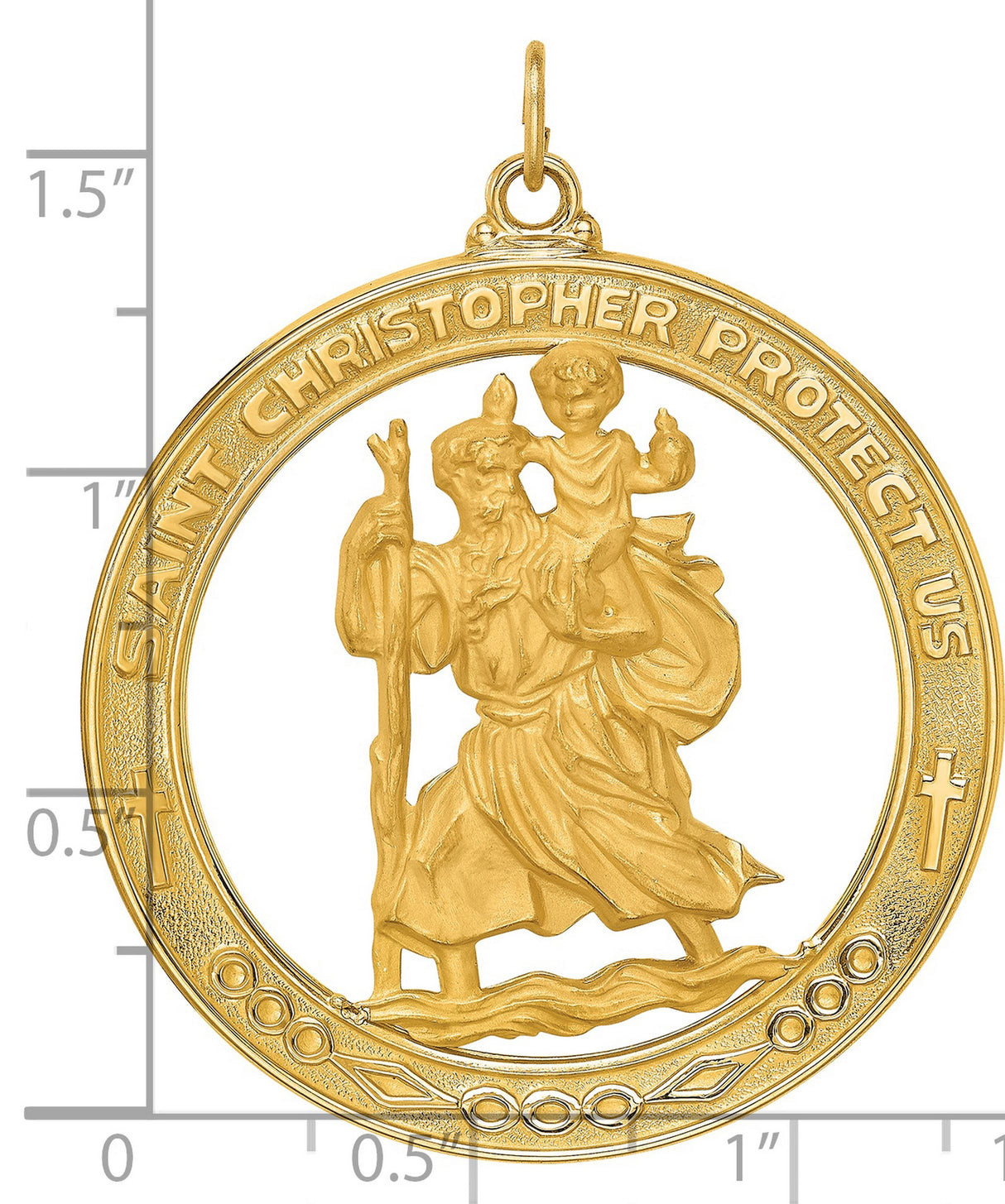 Saint Christopher Protect Us Words Round Cut-Out Medal Charm Pendant in Real 14k Yellow Gold