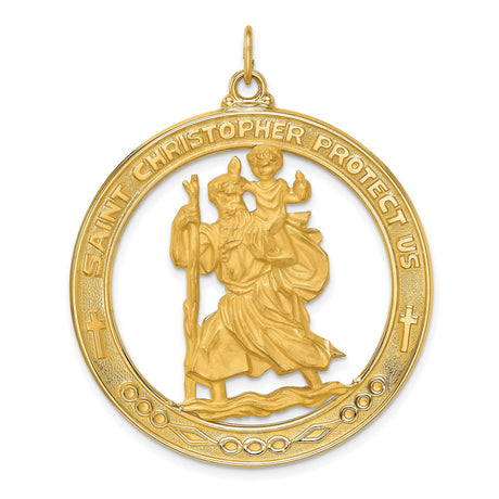 Saint Christopher Protect Us Words Round Cut-Out Medal Charm Pendant in Real 14k Yellow Gold