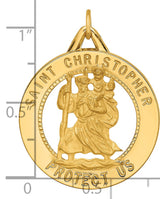 Saint Christopher Protect Us Words Cut-Out Round Medal Charm Pendant in Real 14k Yellow Gold