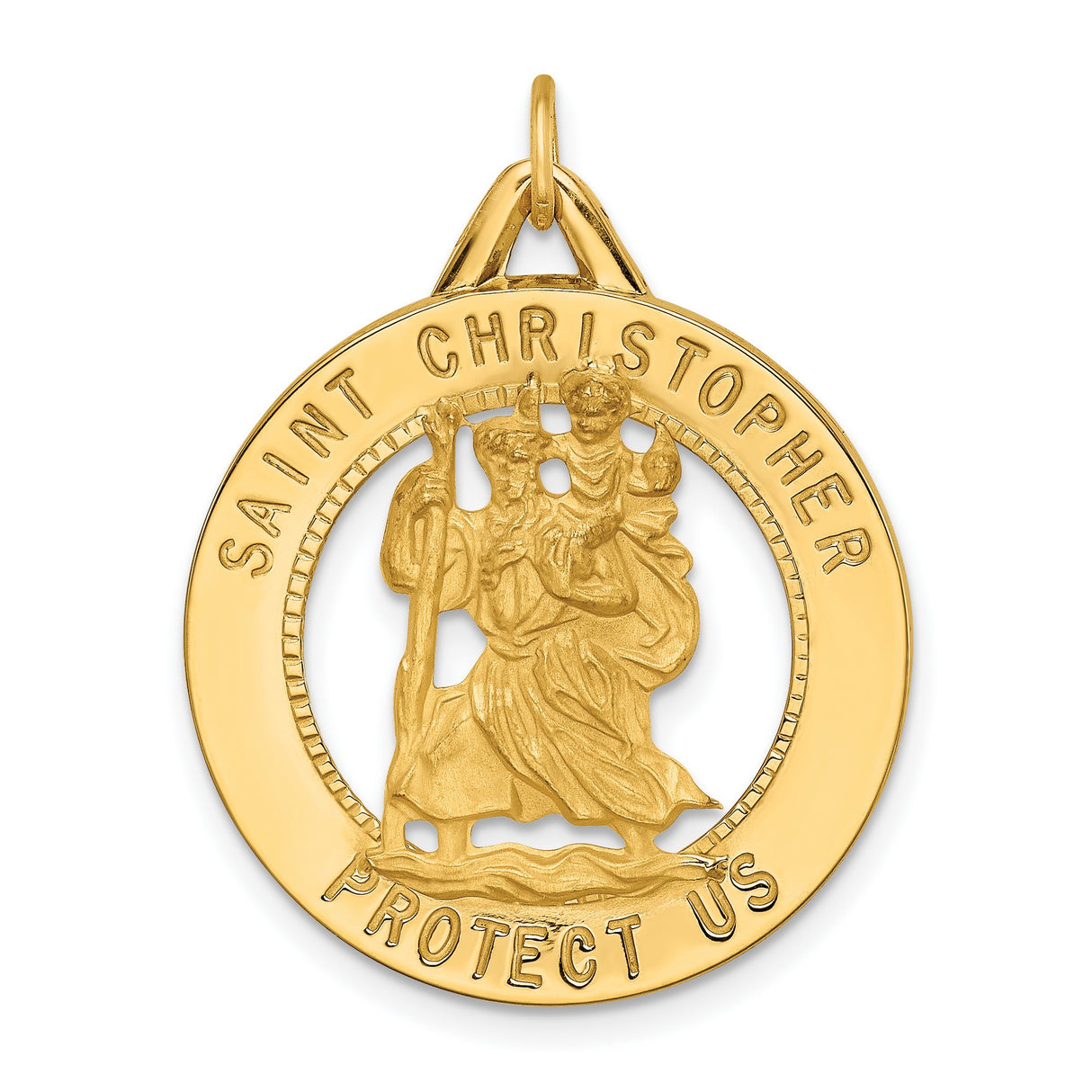 Saint Christopher Protect Us Words Cut-Out Round Medal Charm Pendant in Real 14k Yellow Gold