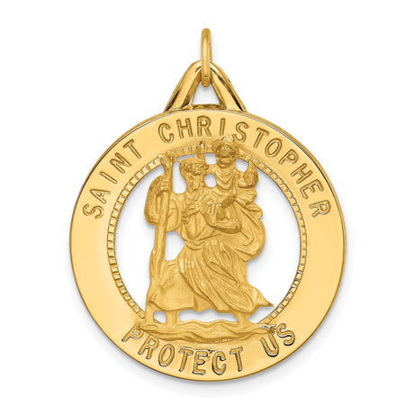 Saint Christopher Protect Us Words Cut-Out Round Medal Charm Pendant in Real 14k Yellow Gold