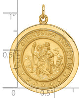 Saint Christopher Protect Us Words Solid Round Charm Pendant in Real 14k Yellow Gold