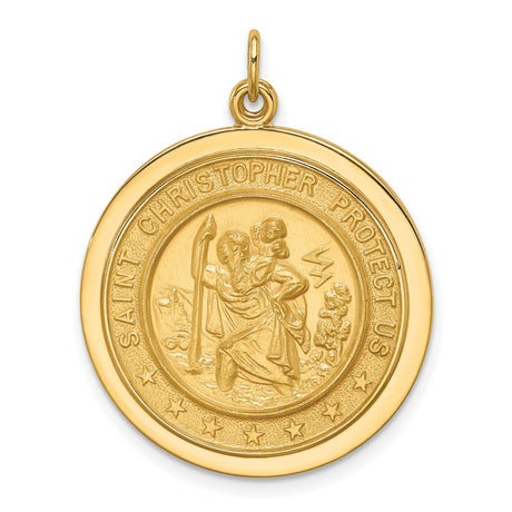 Saint Christopher Protect Us Words Solid Round Charm Pendant in Real 14k Yellow Gold