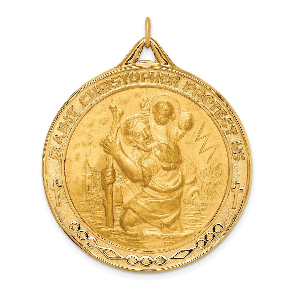 Saint Christopher Protect Us Words Round Medal Charm Pendant in Real 14k Yellow Gold