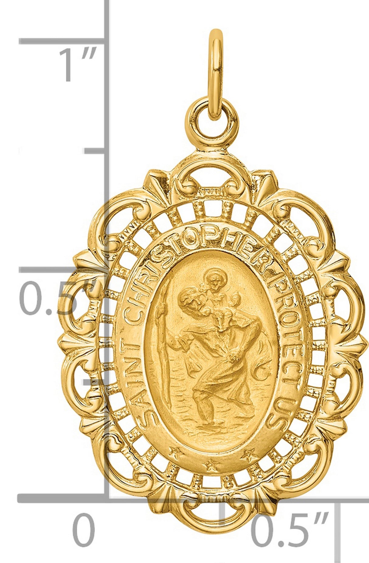 Oval Saint Christopher Protect Us Words Ornate Border Charm Pendant in Real 14k Yellow Gold