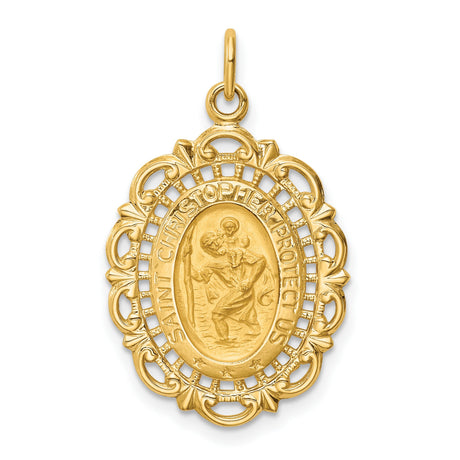 Oval Saint Christopher Protect Us Words Ornate Border Charm Pendant in Real 14k Yellow Gold