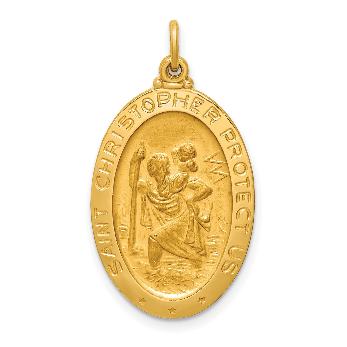 Saint Christopher Protect Us Words Solid Oval Charm Pendant in Real 14k Yellow Gold