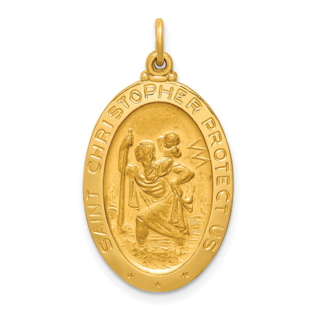 Saint Christopher Protect Us Words Solid Oval Charm Pendant in Real 14k Yellow Gold