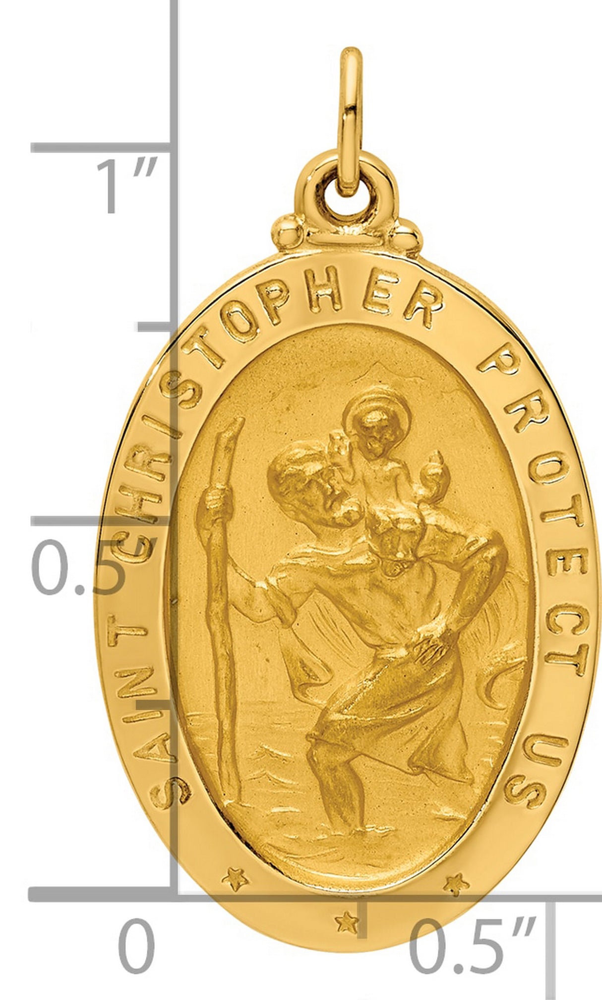 Saint Christopher Protect Us Words Solid Oval Charm Pendant in Real 14k Yellow Gold