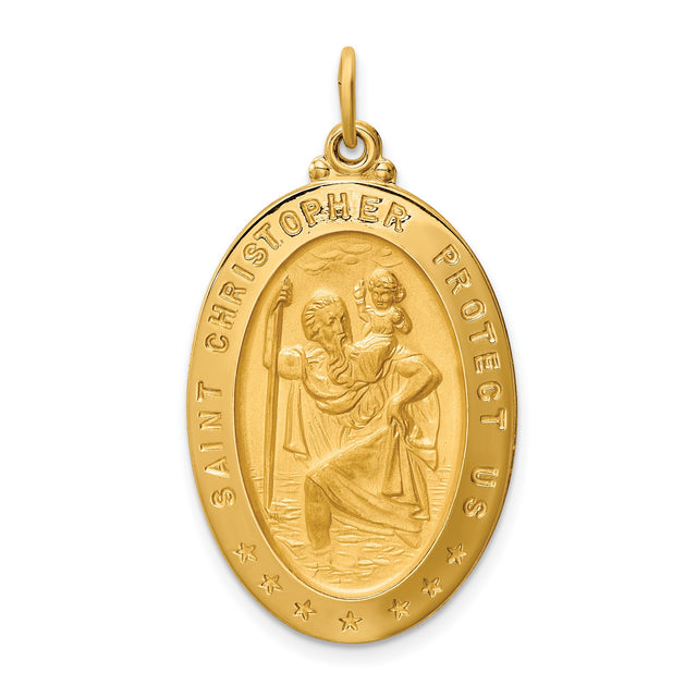 Saint Christopher Protect Us Words Solid Oval Charm Pendant in Real 14k Yellow Gold