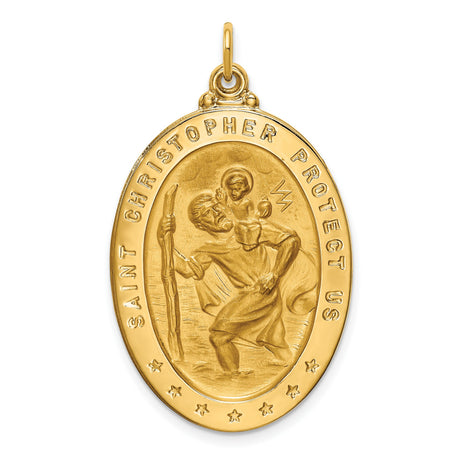 Saint Christopher Protect Us Words Solid Oval Charm Pendant in Real 14k Yellow Gold