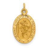 Solid Saint Christopher Protect Us Words Oval Medal Charm Pendant in Real 14k Yellow Gold