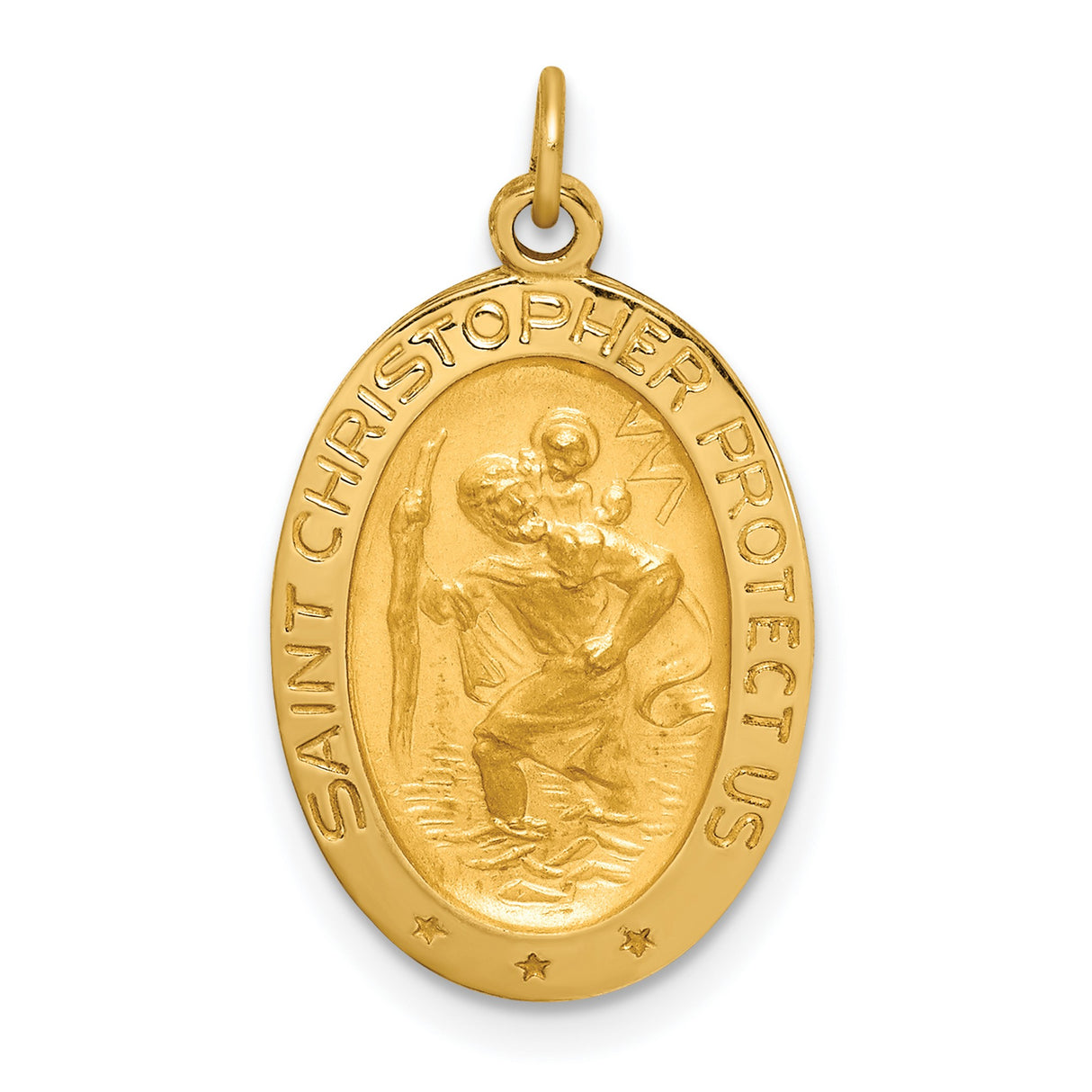 Saint Christopher Protect Us Words Solid Oval Charm Pendant in Real 14k Yellow Gold