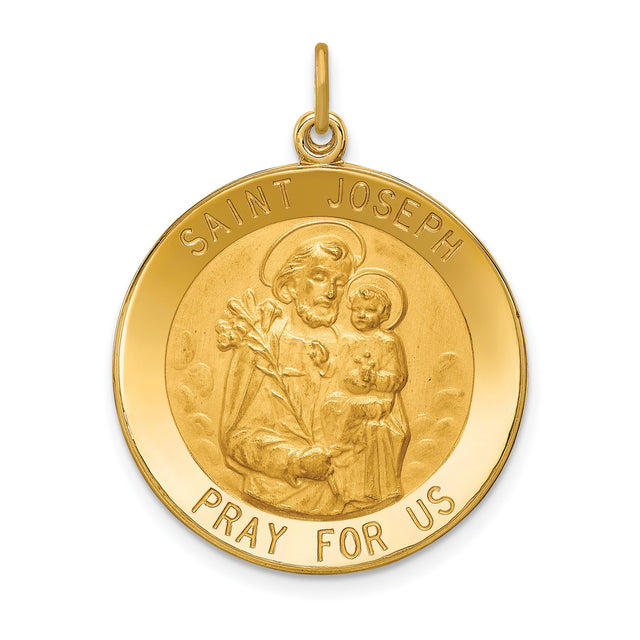 Saint Joseph Pray For Us Words Round Medal Charm Pendant in Real 14k Yellow Gold