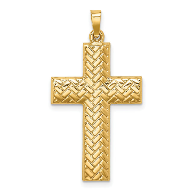 Hollow Polished Basket weave Design Latin Cross Charm Pendant in Real 14k Yellow Gold