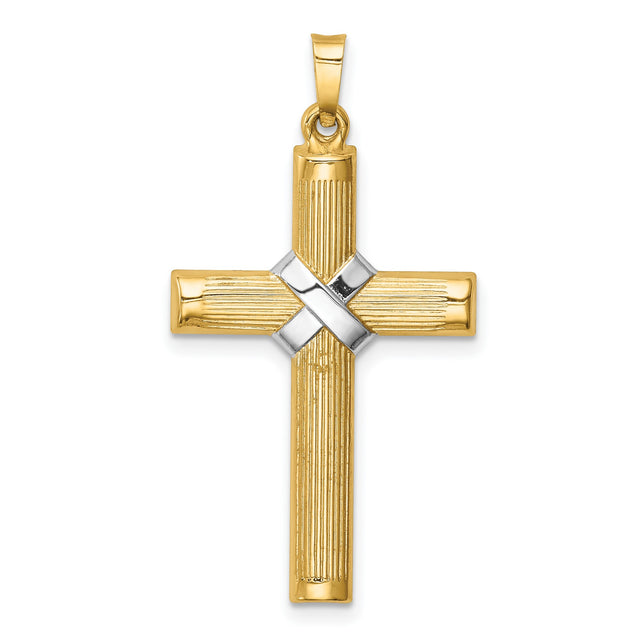 Hollow Polished Rhodium Center X Cross Charm Pendant in Real 14k Multi-Tone Gold