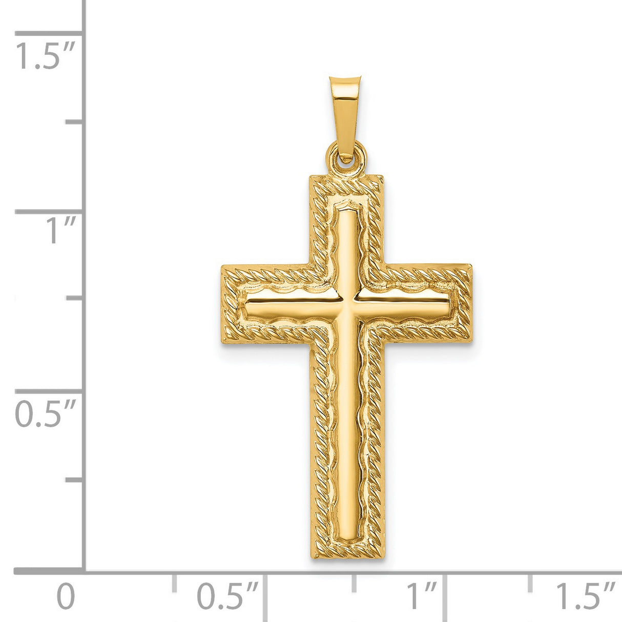 Hollow Polished Rope Edge Latin Cross Charm Pendant in Real 14k Yellow Gold