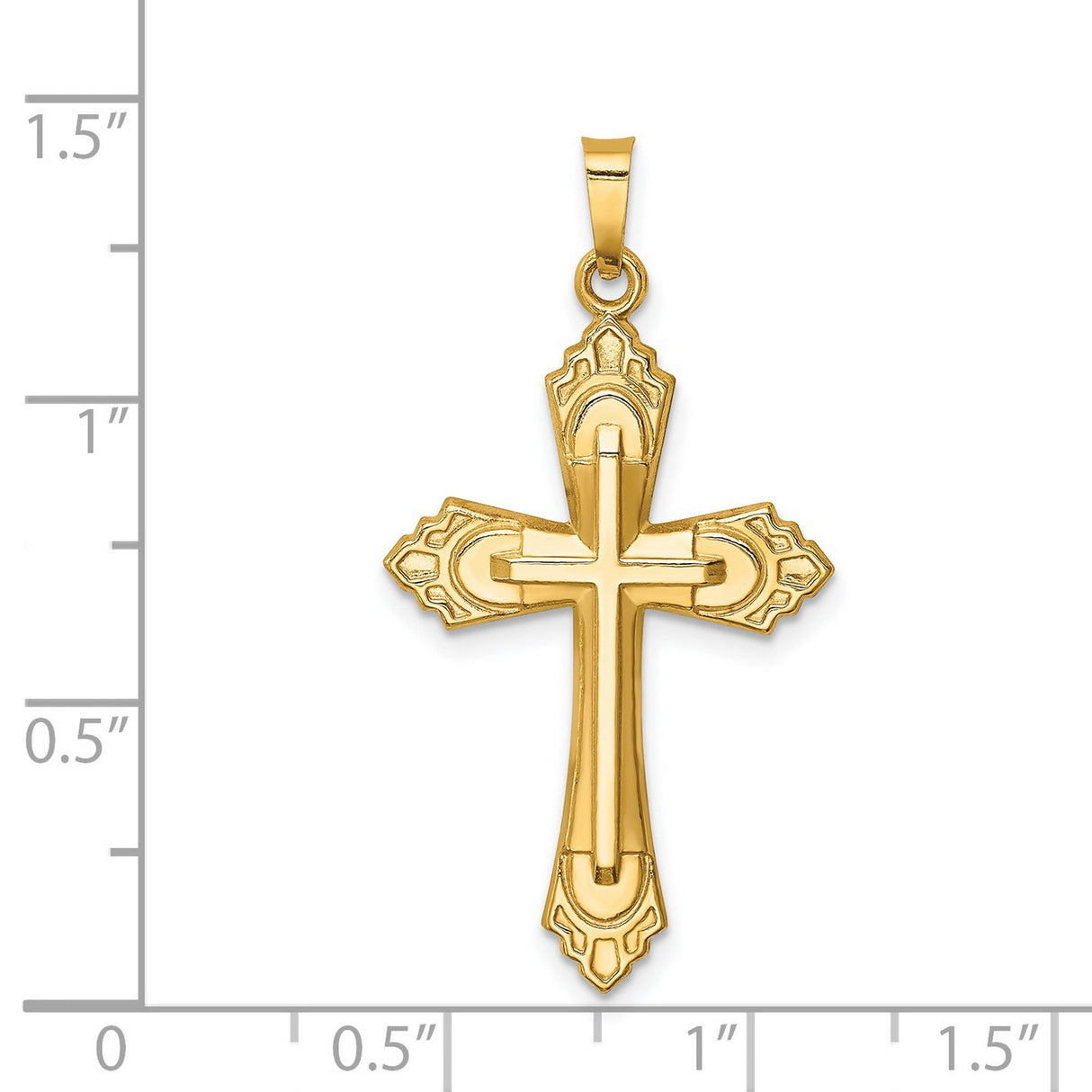 Hollow Polished Fleur de Lis Cross Charm Pendant in Real 14k Yellow Gold