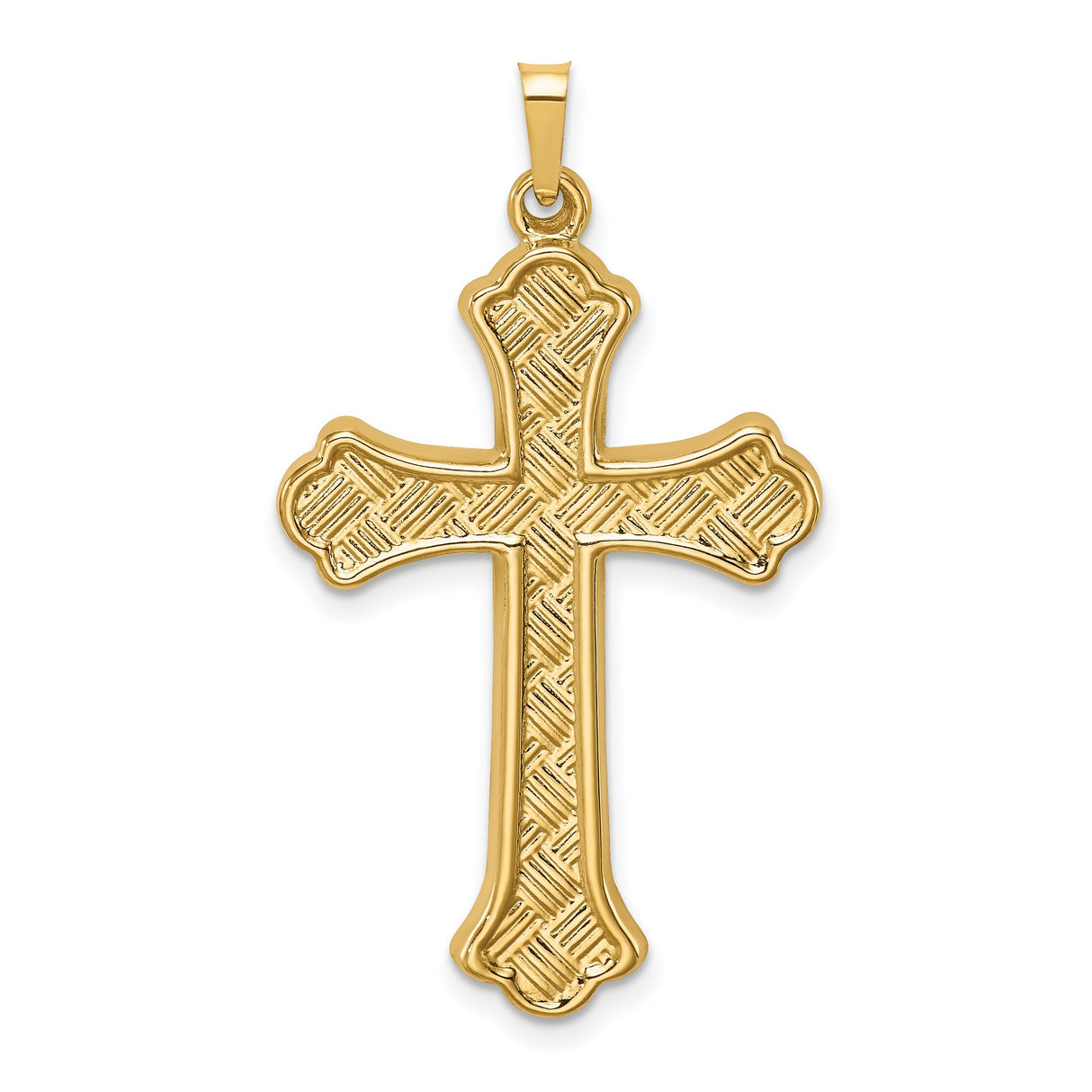 Hollow Polished Woven Fleur de Lis Cross Charm Pendant in Real 14k Yellow Gold