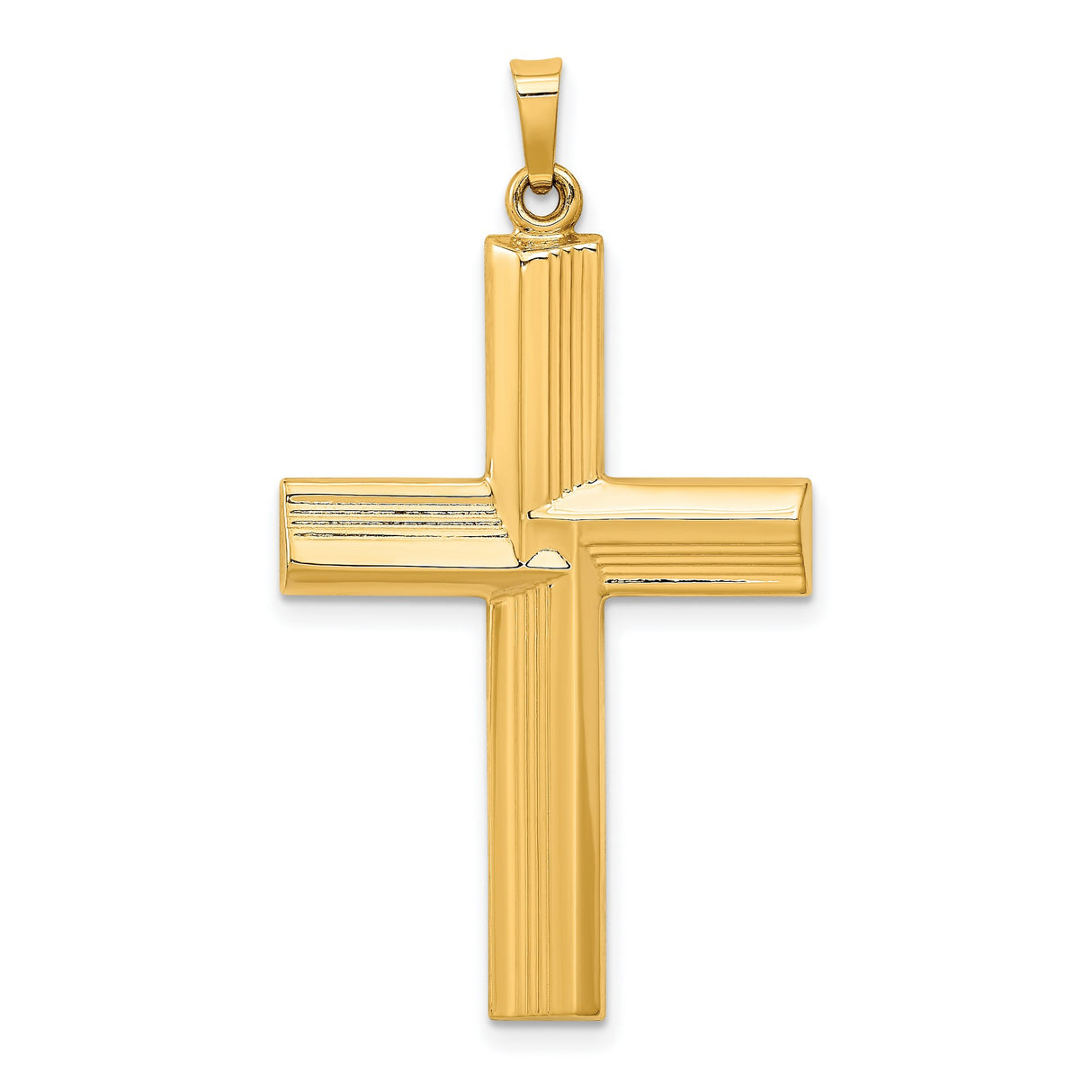 Hollow Polished Stripe Design Latin Cross Charm Pendant in Real 14k Yellow Gold