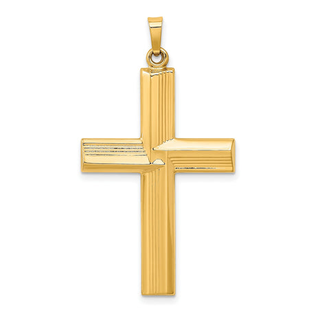 Hollow Polished Stripe Design Latin Cross Charm Pendant in Real 14k Yellow Gold