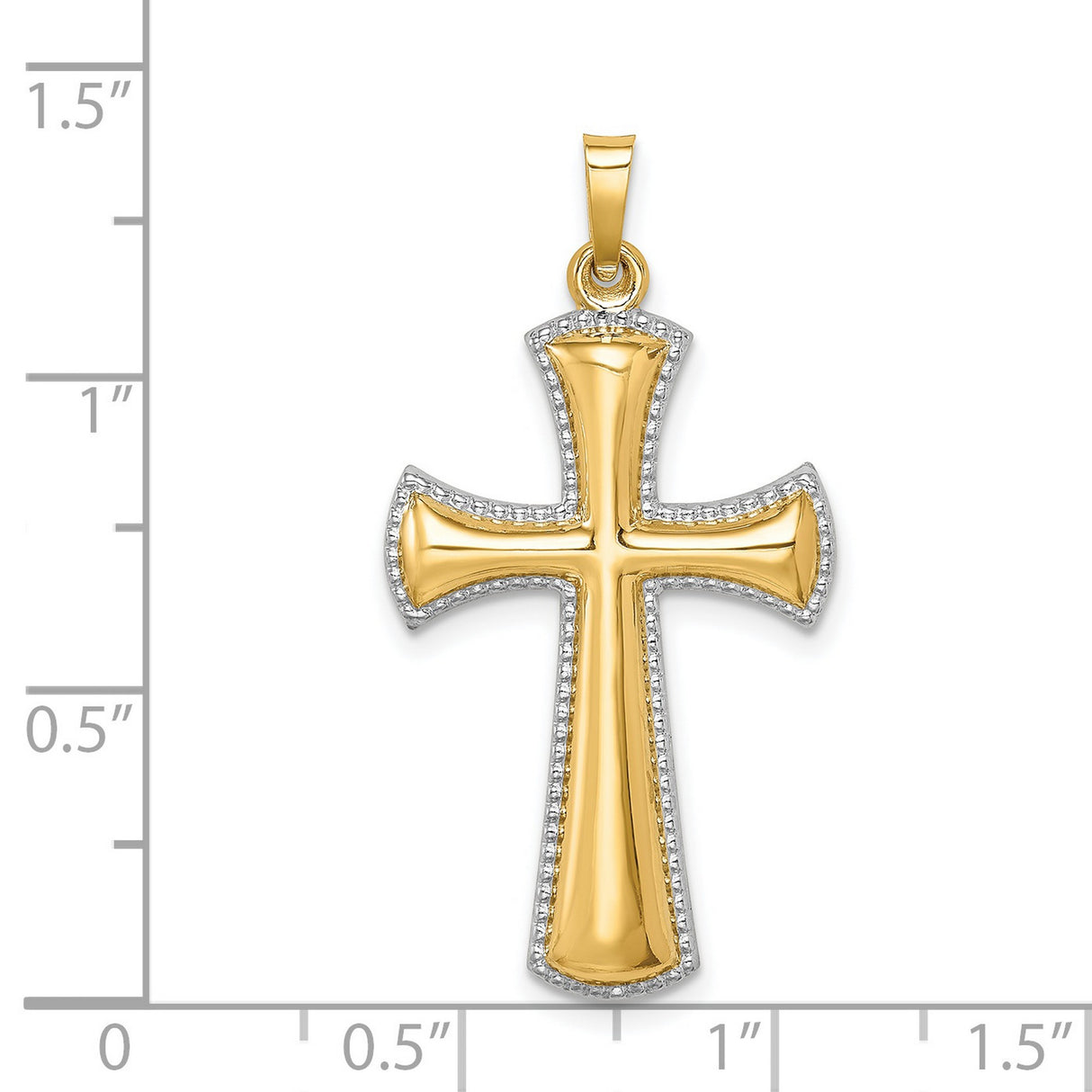 14k Two-Tone Gold Cross Pendant with Beveled Flared Edge and Rhodium Accents