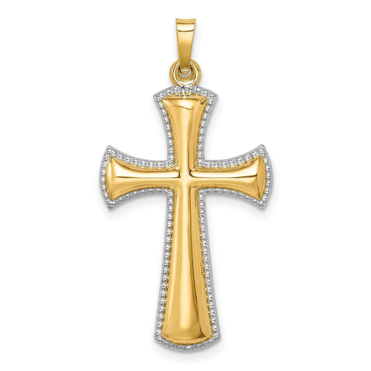 14k Two-Tone Gold Cross Pendant with Beveled Flared Edge and Rhodium Accents