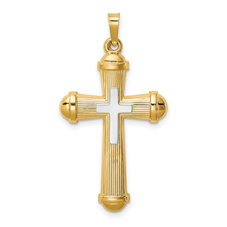 14k Two-Tone Gold Cross Pendant with Raised White Gold Center and Textured Detailing for Men