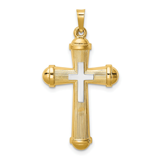 Hollow Polished Cross with Center Cross Charm Pendant in Real 14k Multi-Tone Gold