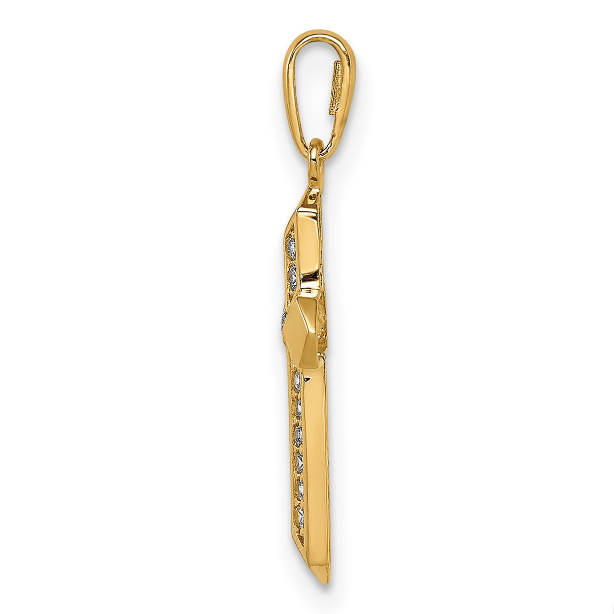 14k Yellow Gold Cross Pendant with Cubic Zirconia, Beveled Edge Christian Jewelry for Women
