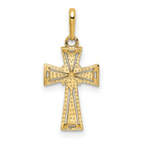 14k Yellow Gold Cross Pendant with Starburst Design, Textured Religious Charm for Men or Women
