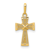 14k Yellow Gold Cross Pendant with Starburst Design, Textured Religious Charm for Men or Women
