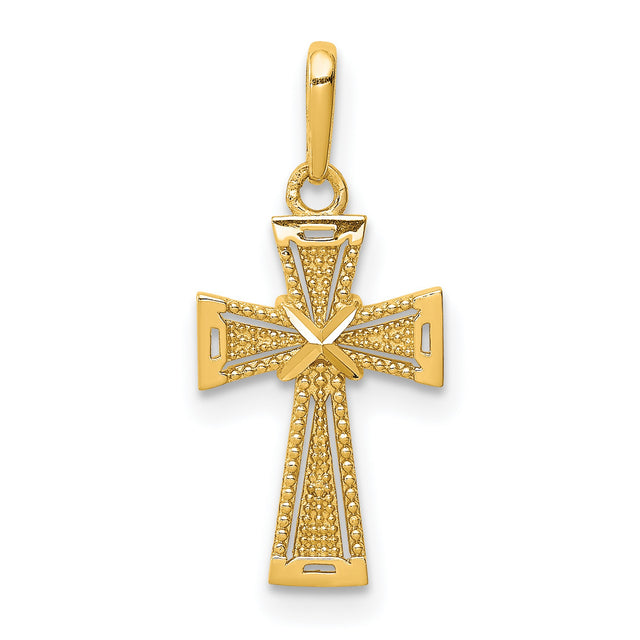 14k Yellow Gold Cross Pendant with Starburst Design, Textured Religious Charm for Men or Women