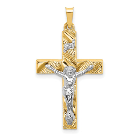14k Two-Tone Gold Crucifix Cross Pendant, Textured INRI Latin Style Religious Charm