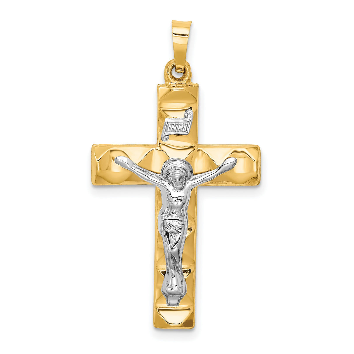 Hollow Polished Textured Latin Crucifix Charm Pendant in Real 14k Multi-Tone Gold