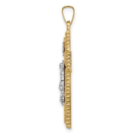 14k Multi-Tone Gold Crucifix Cross Pendant with Polished Rope Edge, Classic Religious Style