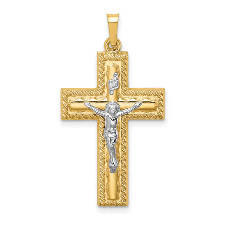 14k Multi-Tone Gold Crucifix Cross Pendant with Polished Rope Edge, Classic Religious Style