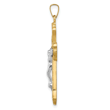 14k Two-Tone Gold Crucifix Pendant with Polished Fleur de Lis Cross Design