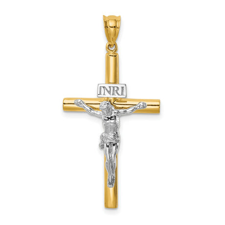 14k Two-Tone Gold Crucifix Cross Pendant with INRI Jesus Charm, Polished Catholic Jewelry