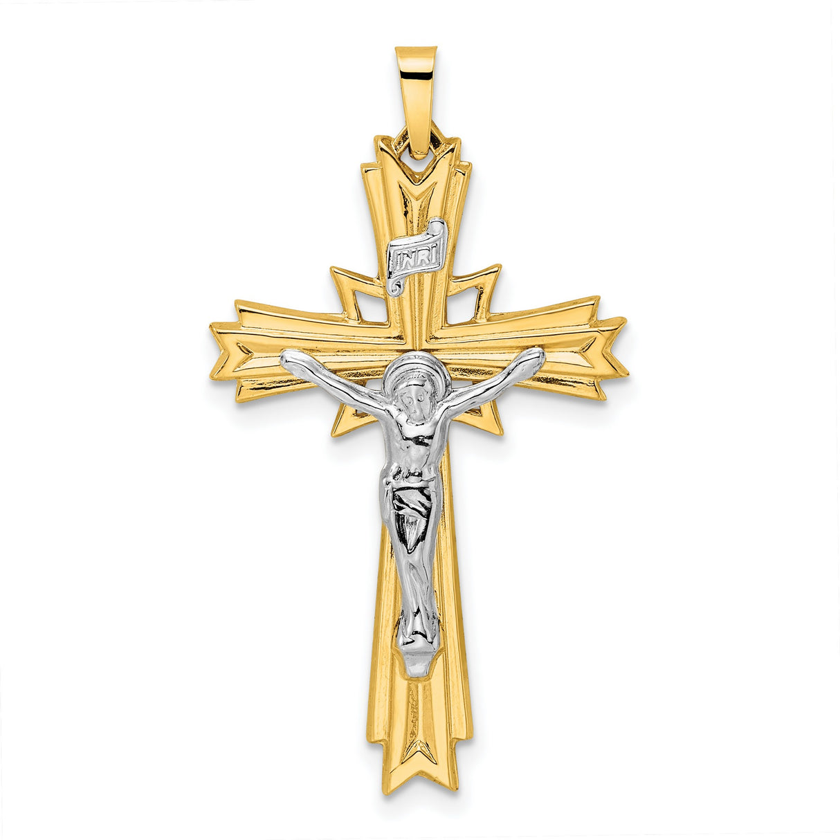 Polished Solid Fancy INRI Crucifix Charm Pendant in Real 14k Multi-Tone Gold