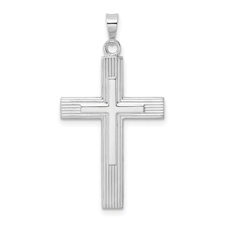 14k White Gold Cross Pendant with Beveled Edge and Lined Detail, Modern Religious Jewelry